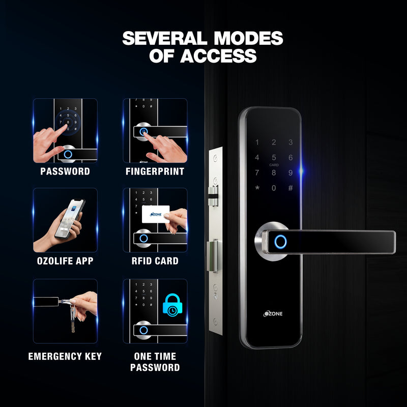 Ozone OZ-FDL-02 Life Std Black, Smart Door Locks, Fingerprint, Mobile App, RFID Card, Google Assistant & Alexa Enabled, Black, 24 Months Warranty