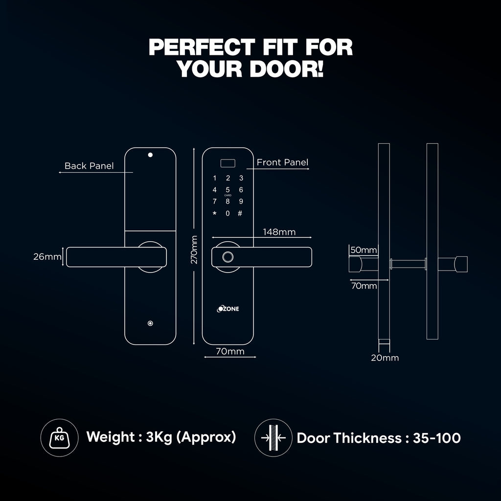 Ozone Morphy M Smart Door Lock with 3-way access | Door Thickness: 35-100 mm (Satin Chrome) - Ozone Group