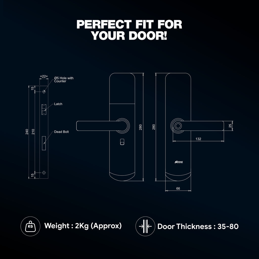 Ozone Morphy Eco Smart Door Lock with 3-way access | Door Thickness: 35-80 mm