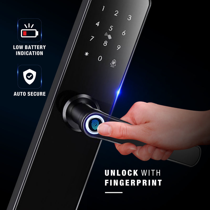 Ozone OZ-FDL-04-STD Black Smart Door Locks With Doorbell, Fingerprint, PIN Code, RFID Card, Emergency Key, 24 Months Warranty