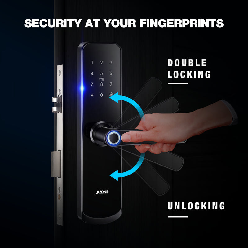 Ozone OZ-FDL-04-STD Black Smart Door Locks With Doorbell, Fingerprint, PIN Code, RFID Card, Emergency Key, 24 Months Warranty