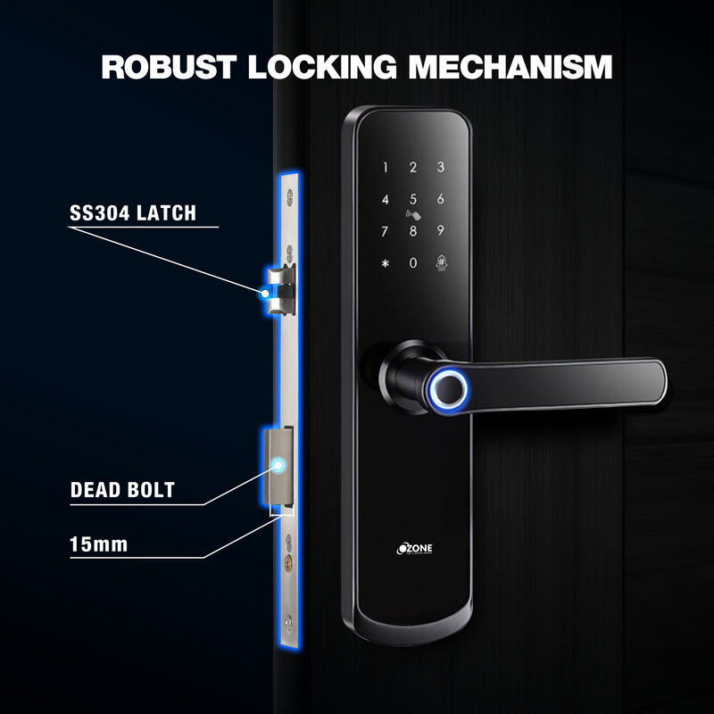 Ozone OZ-FDL-04-STD Black Smart Door Locks With Doorbell, Fingerprint, PIN Code, RFID Card, Emergency Key, 24 Months Warranty