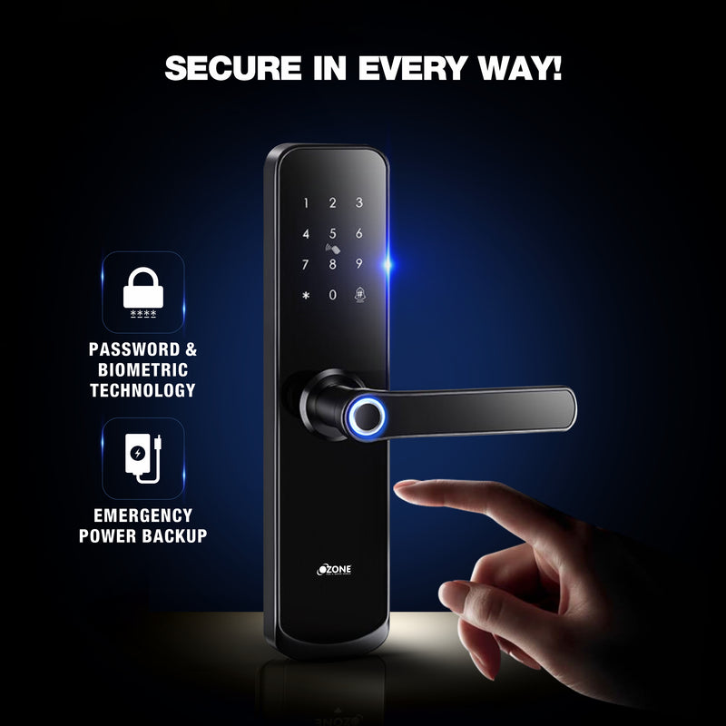 Ozone OZ-FDL-04-STD Black Smart Door Locks With Doorbell, Fingerprint, PIN Code, RFID Card, Emergency Key, 24 Months Warranty