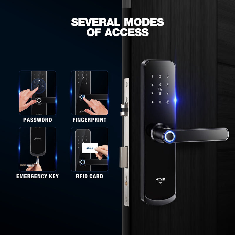 Ozone OZ-FDL-04-STD Black Smart Door Locks With Doorbell, Fingerprint, PIN Code, RFID Card, Emergency Key, 24 Months Warranty
