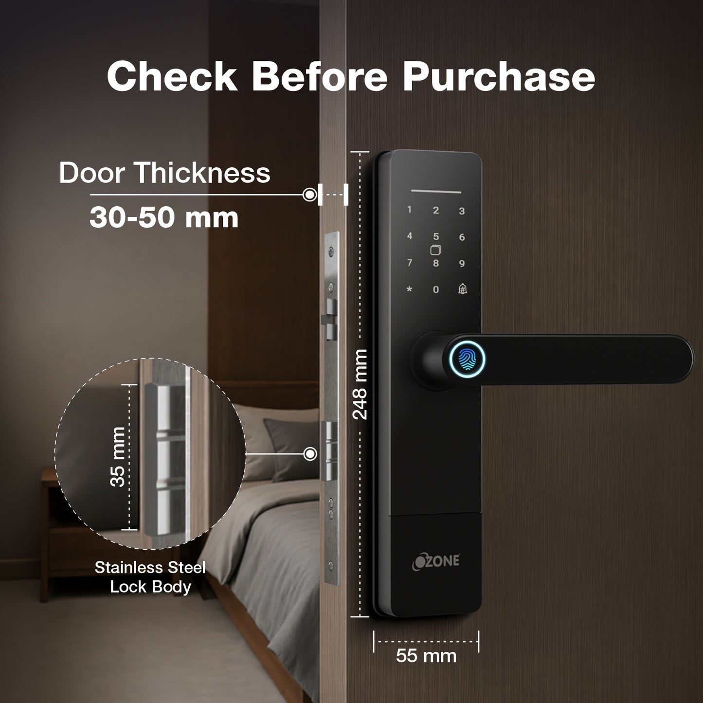 Ozone Morphy Life Lite 6 Wi-Fi Smart Door Lock with 4-way access | Door Thickness: 30-50 mm