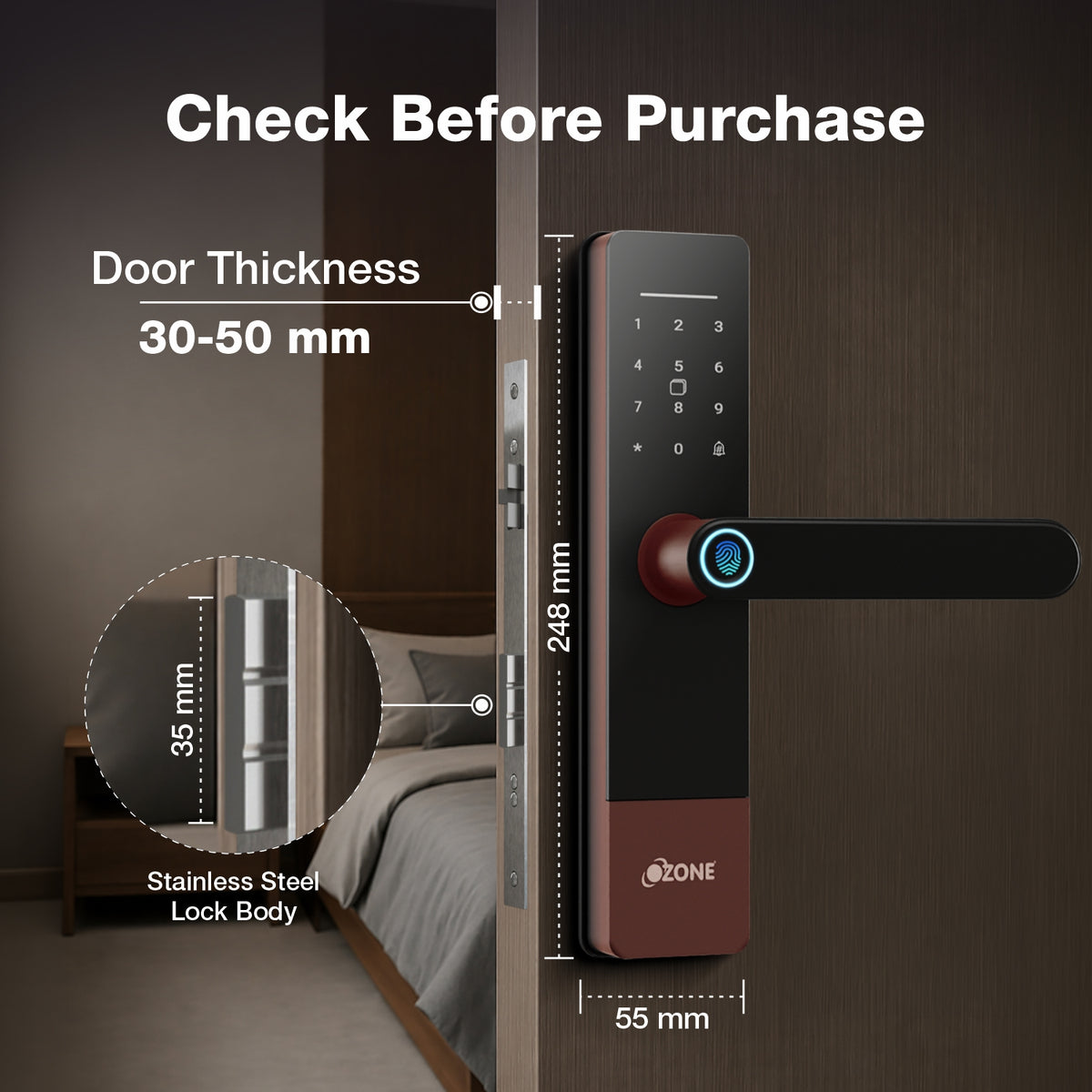 Ozone Morphy Life Lite 6 Wi-Fi Smart Door Lock with 4-way access | Door Thickness: 30-50 mm (Antique Copper)