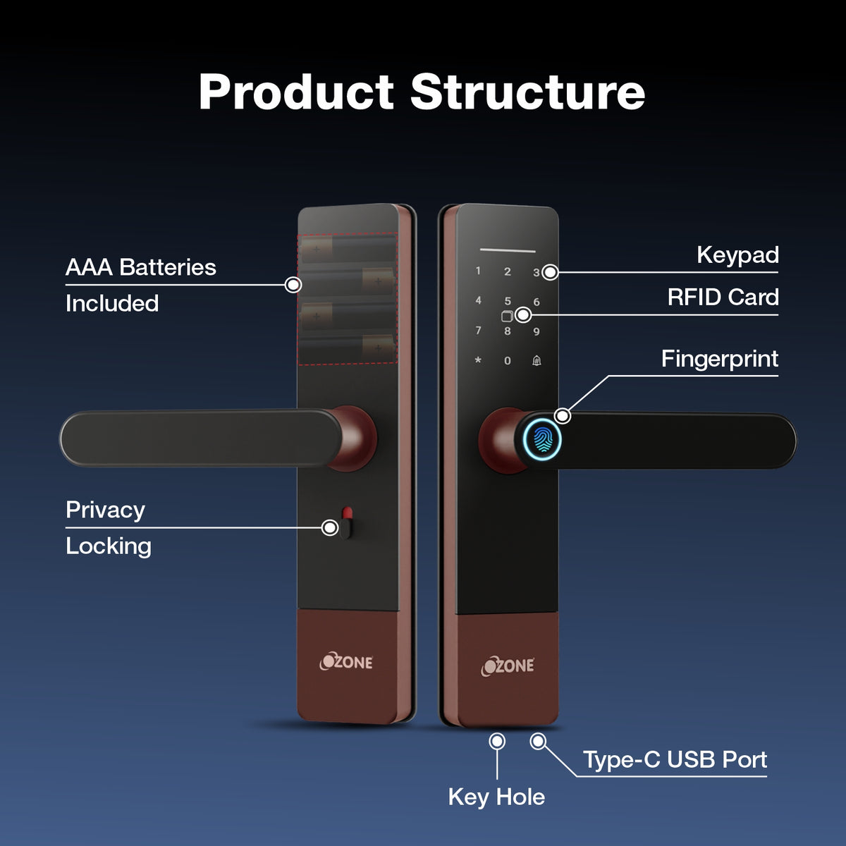 Ozone Morphy Life Lite 6 Wi-Fi Smart Door Lock with 4-way access | Door Thickness: 30-50 mm (Antique Copper)