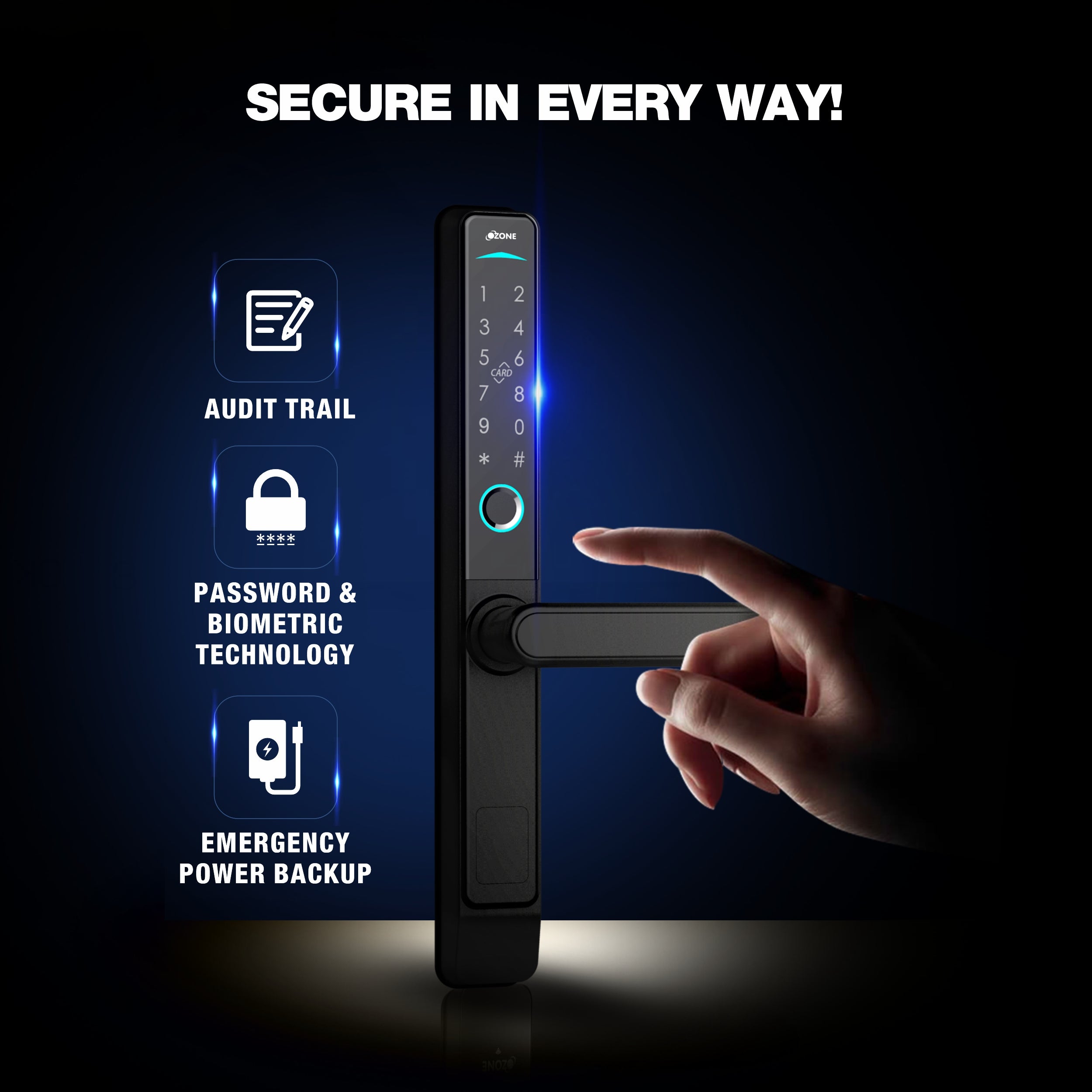Ozone Narrow Style Wi-Fi Smart Door Lock with 4-way access for Sliding Doors | Door Thickness: 35-80 mm - Ozone Group