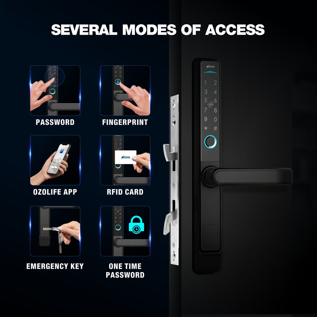 Ozone Narrow Style Wi-Fi Smart Door Lock with 4-way access for Sliding Doors | Door Thickness: 35-80 mm - Ozone Group