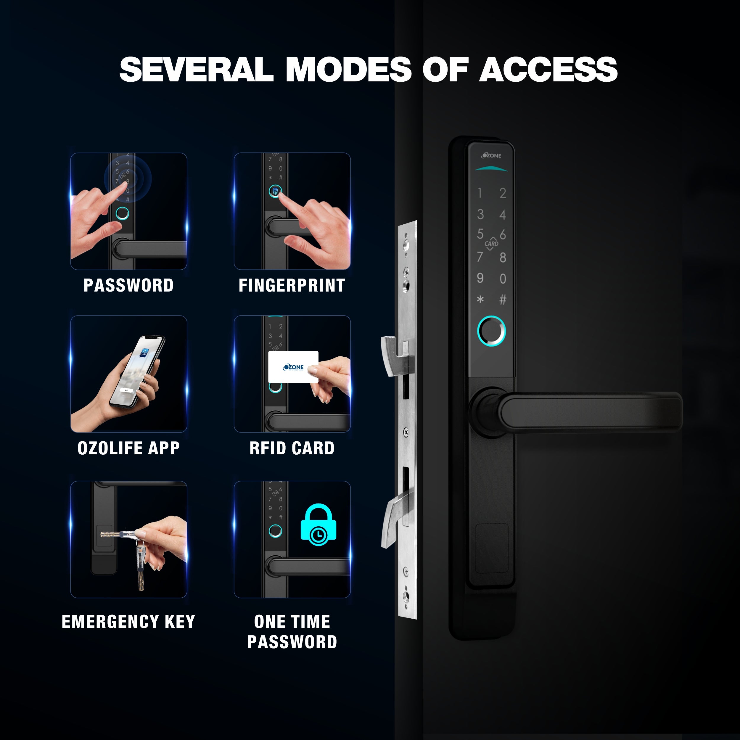 Ozone Narrow Style Wi-Fi Smart Door Lock with 4-way access for Sliding Doors | Door Thickness: 35-80 mm - Ozone Group
