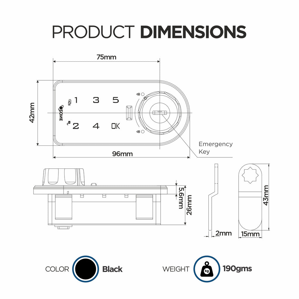 Ozone 301 Horizontal Smart Furniture Lock with Password & Key Access | For Wooden/Metal Cabinets & Wardrobes - Ozone Group