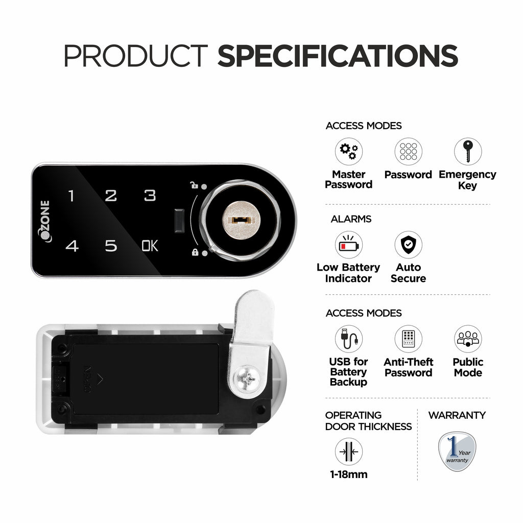 Ozone 301 Horizontal Smart Furniture Lock with Password & Key Access | For Wooden/Metal Cabinets & Wardrobes - Ozone Group