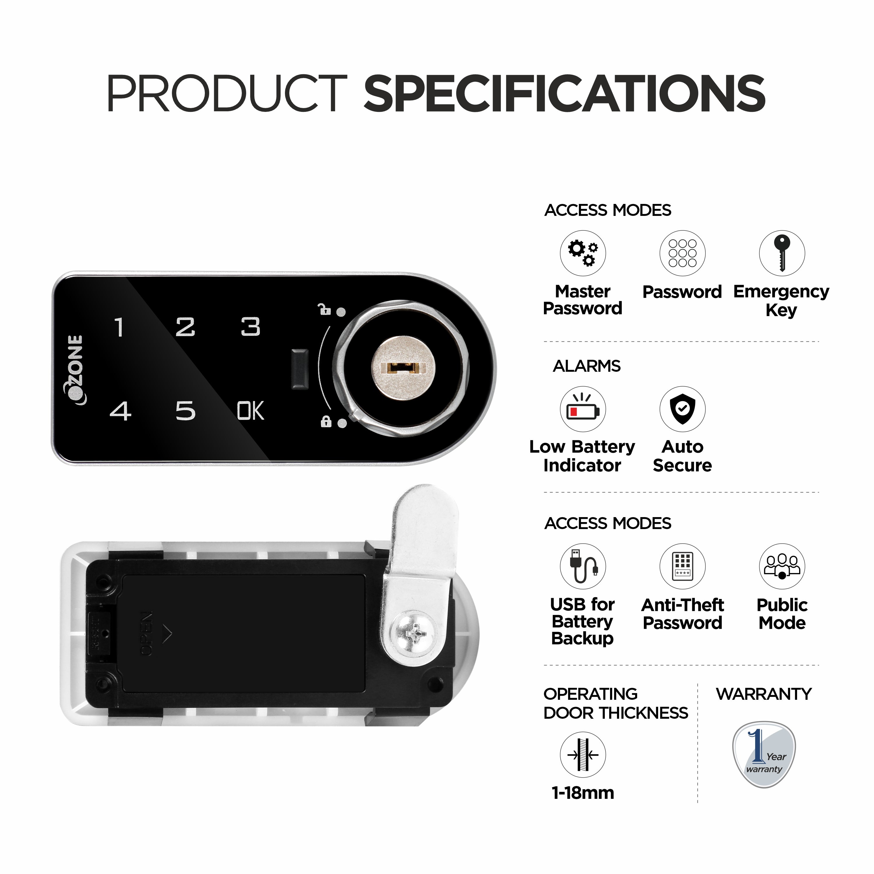 Ozone 301 Horizontal Smart Furniture Lock with Password & Key Access | For Wooden/Metal Cabinets & Wardrobes - Ozone Group