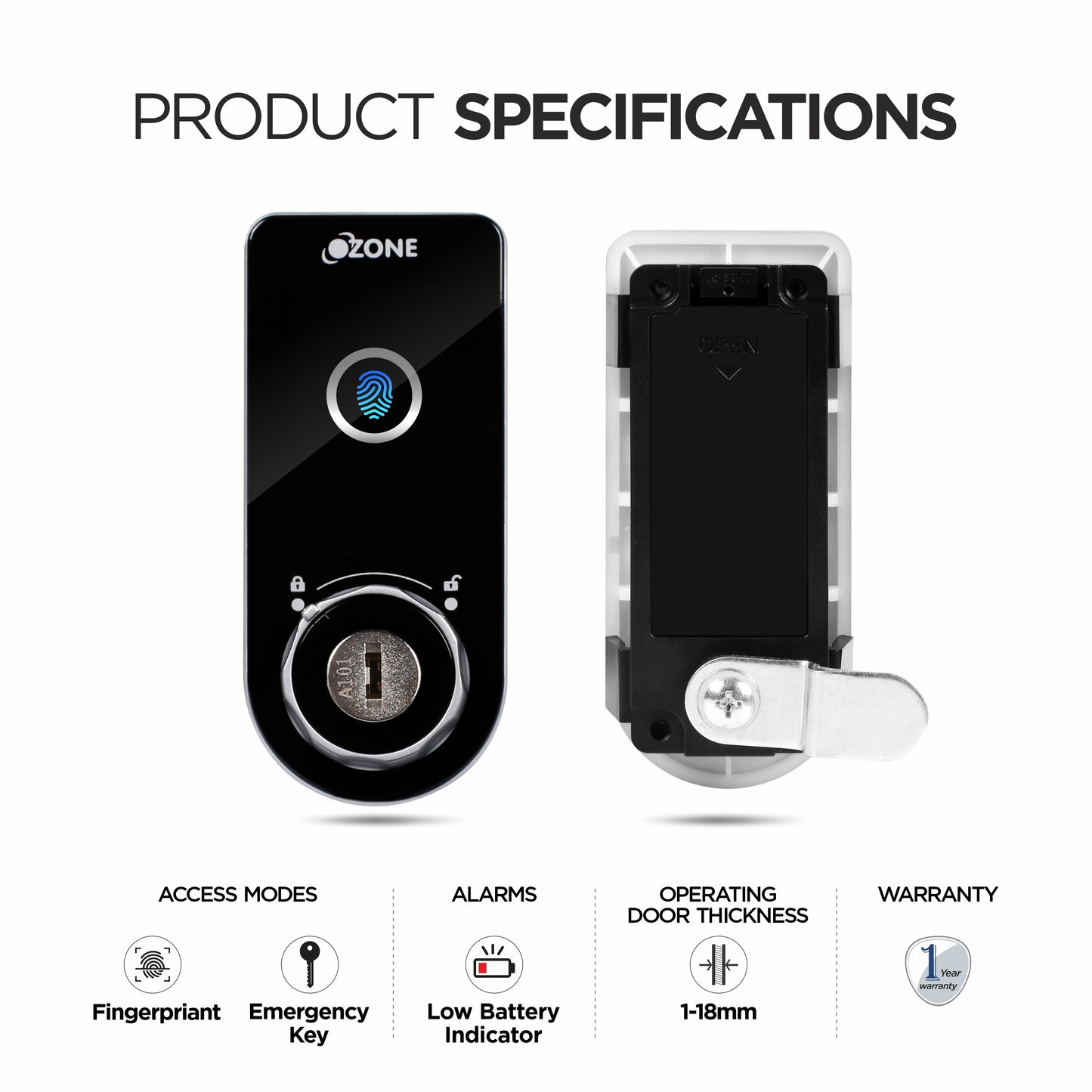 Ozone Smart Furniture Lock with Fingerprint & Key Access | For Wooden/Metal Cabinets & Wardrobes