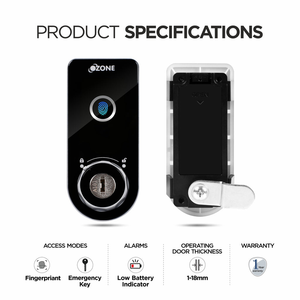 Ozone Smart Furniture Lock with Fingerprint & Key Access | For Wooden/Metal Cabinets & Wardrobes - Ozone Group
