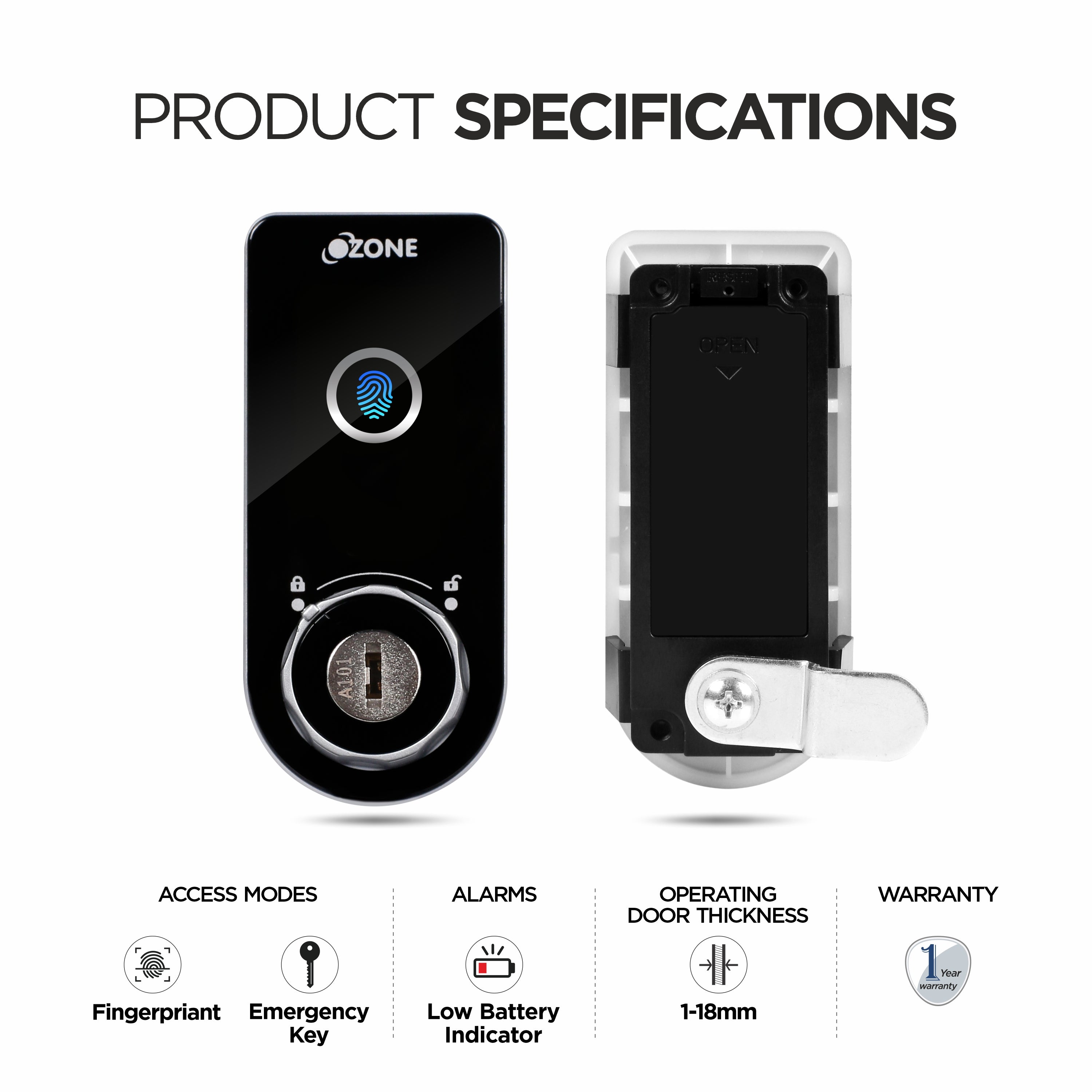 Ozone Smart Furniture Lock with Fingerprint & Key Access | For Wooden/Metal Cabinets & Wardrobes - Ozone Group
