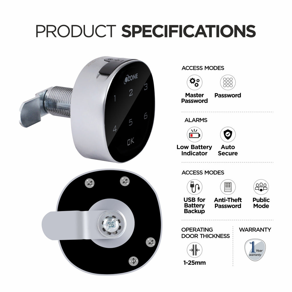 Ozone Smart Furniture Lock with Password Access | For Single/Multiple Metal/Wooden Drawers, Cabinets and Wardrobes - Ozone Group