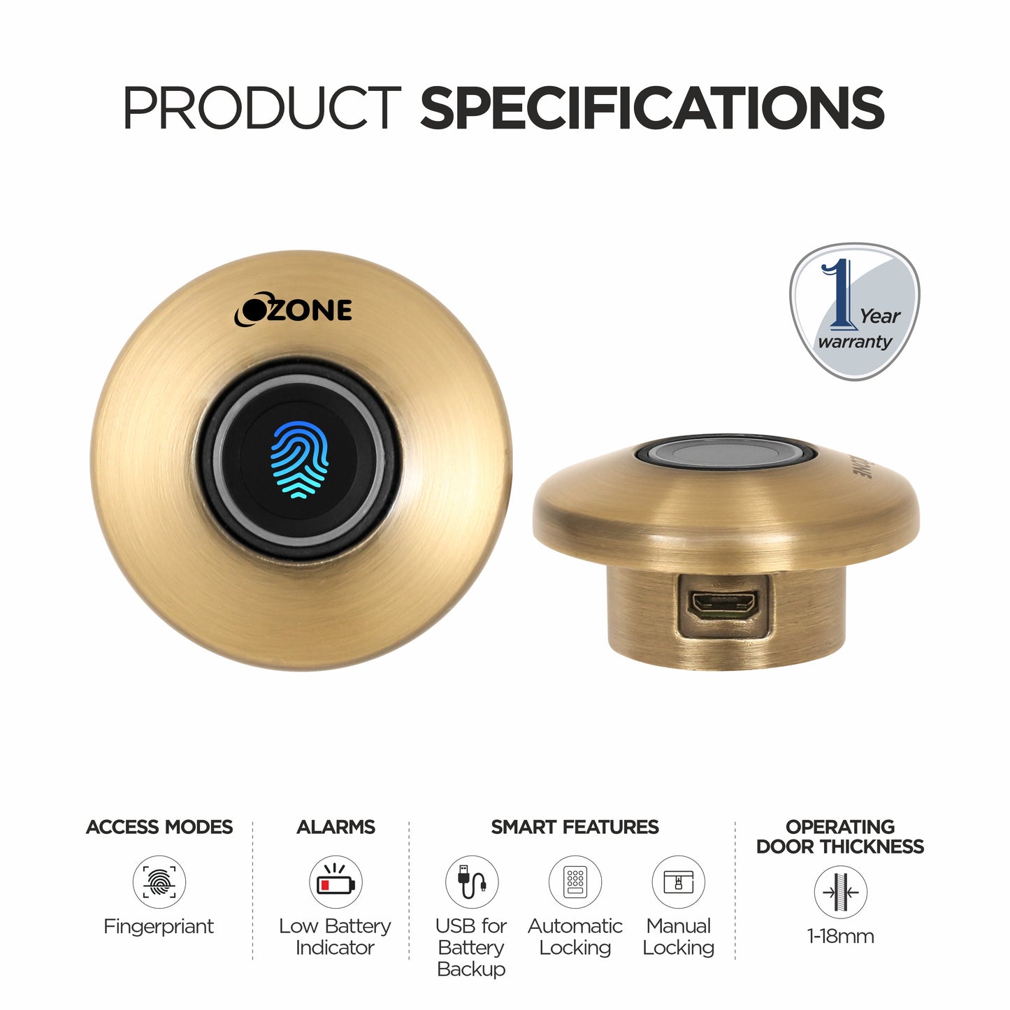 Ozone 55-F Smart Furniture Lock with Fingerprint Access for Wooden Cabinets, Wardrobes & Drawers