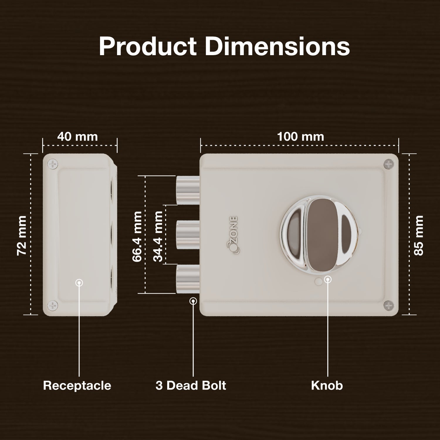 Ozone Surface-Mounted Main Door Rim Lock |5-Year Warranty|30–85 mm Wooden Doors