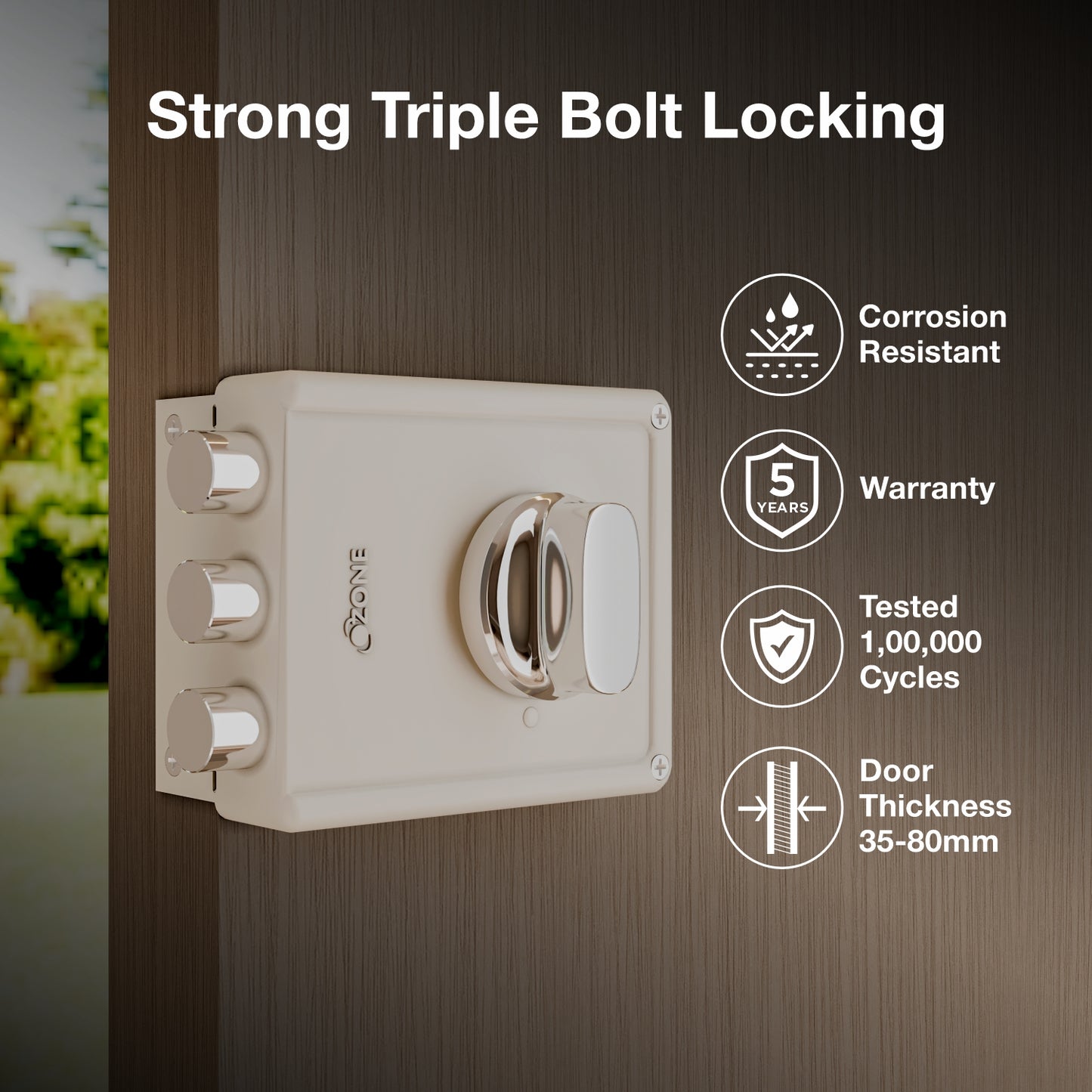 Ozone Surface-Mounted Main Door Rim Lock |5-Year Warranty|30–85 mm Wooden Doors