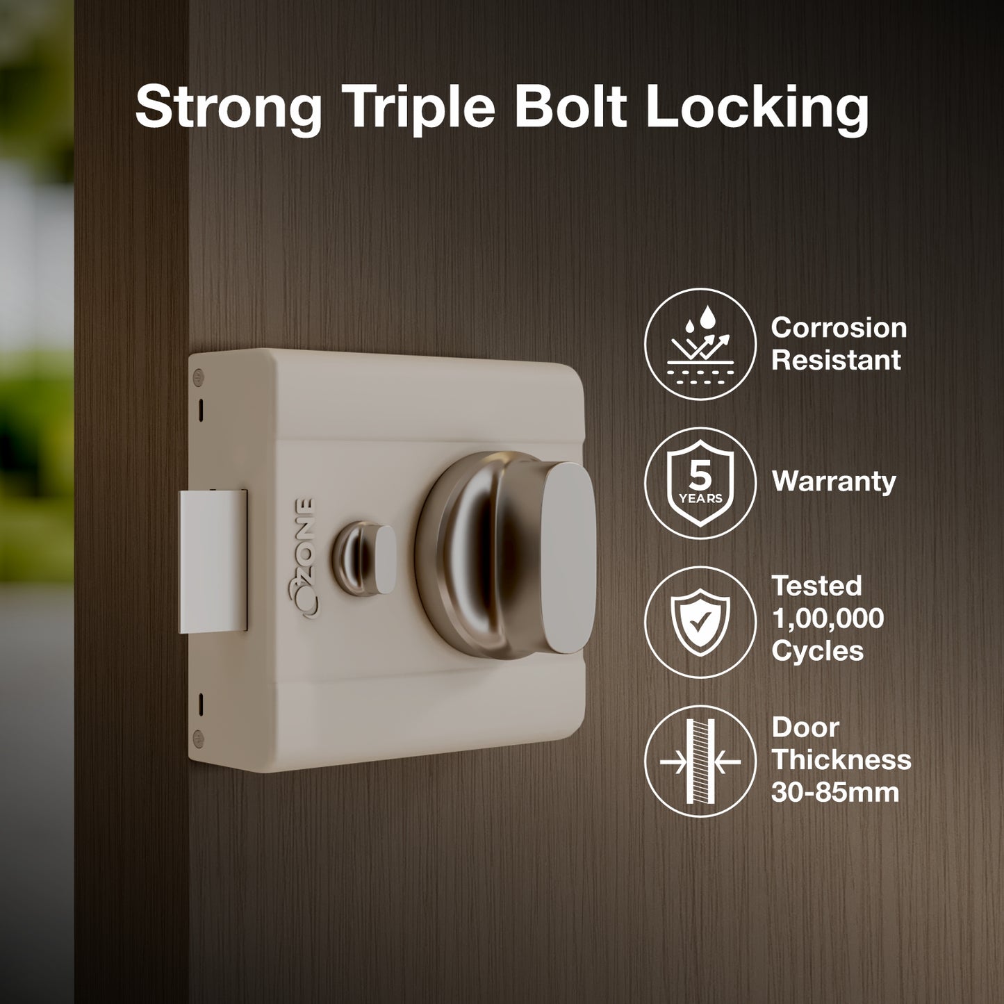 Ozone Mini Night Latch | 3 Brass Keys | Suitable for 30–70 mm Doors