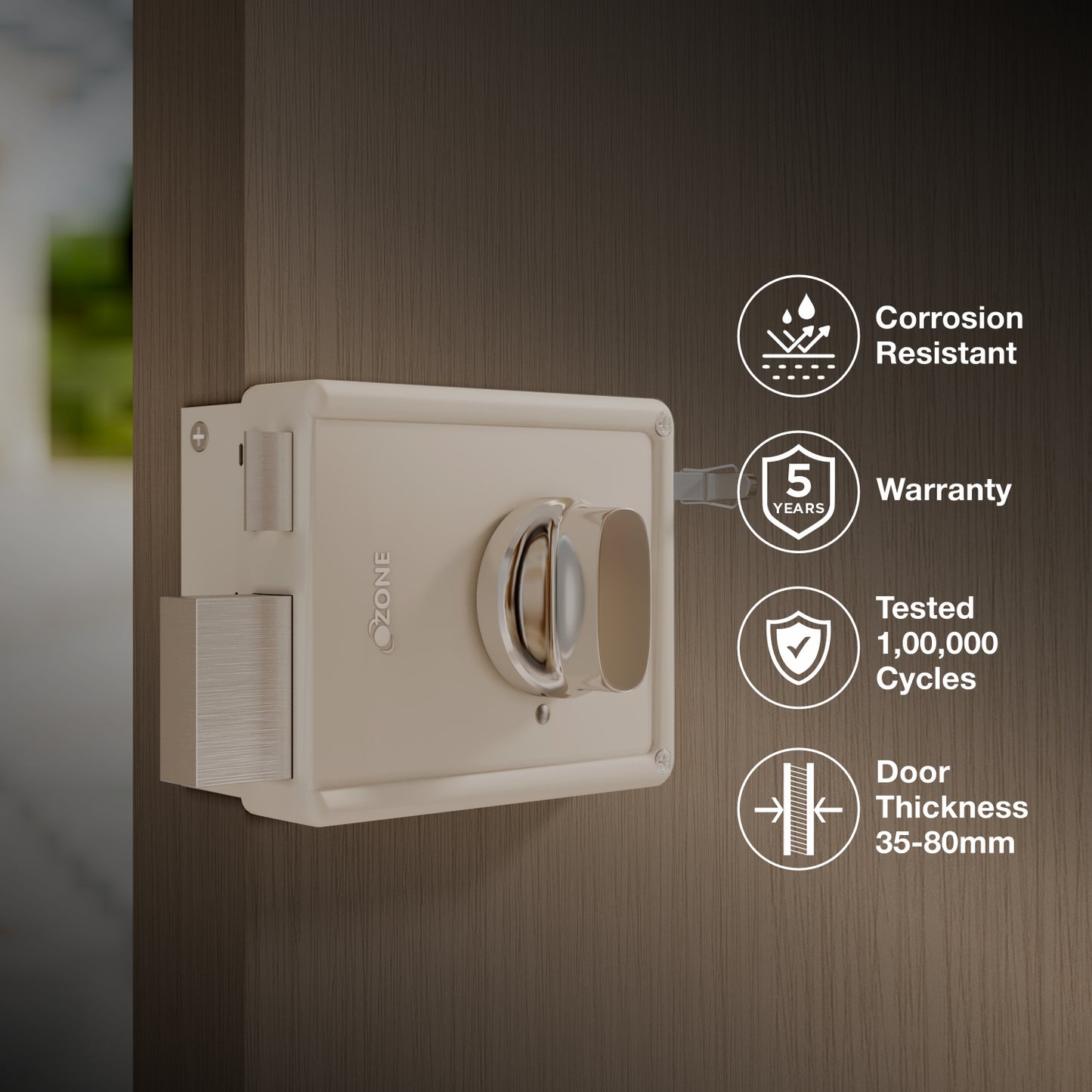 Ozone Dual-Action Night Latch Lock | 4 Brass Keys | Compatible with Wooden & Metal Doors