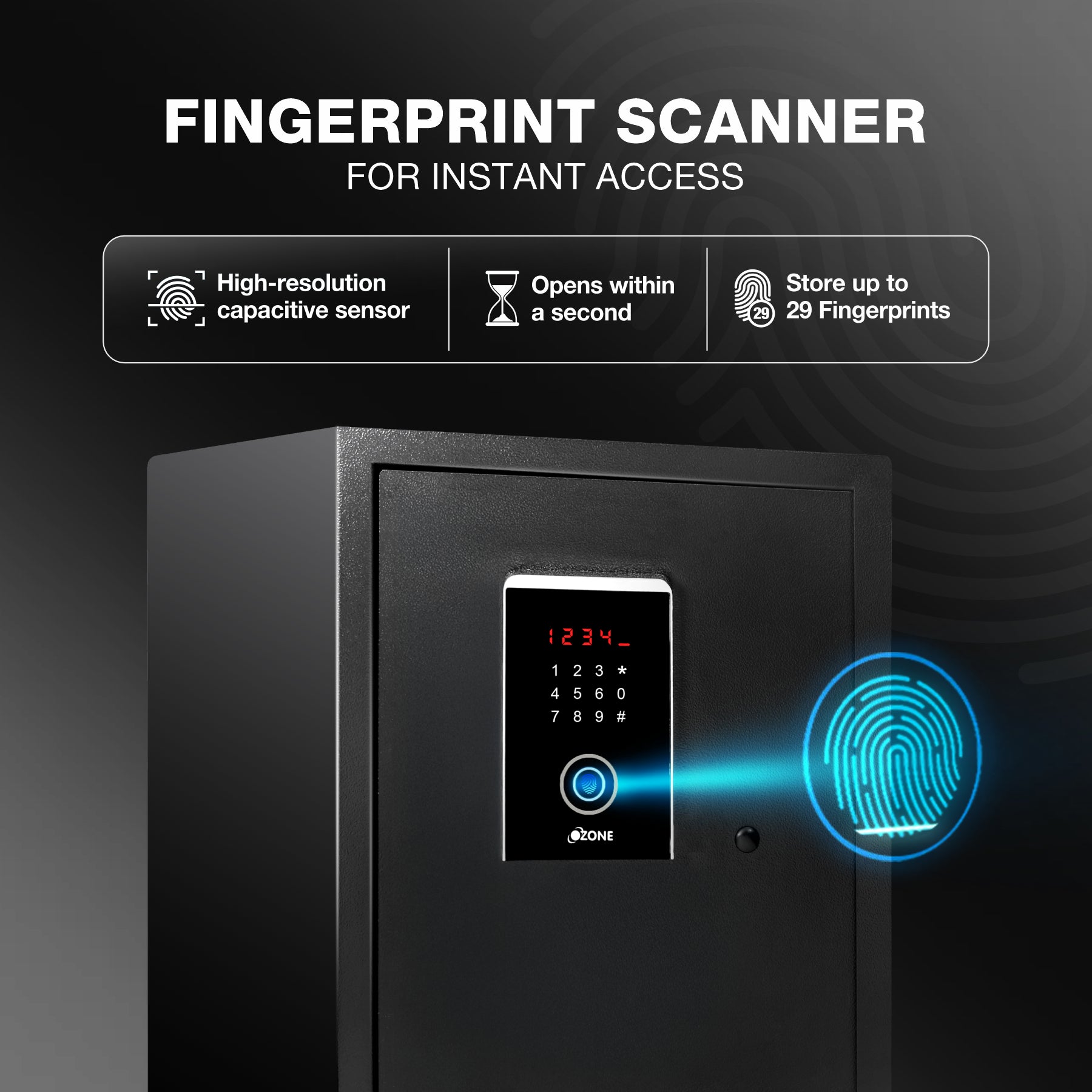 Ozone 40 Litres Fingerprint Safe Locker for Home & Office – Fingerprint Lock, 2-in-1 Unlocking (Fingerprint & Password), Size: 420H x 350W x 360D mm, Weight: 20.4kg, 2-Year Warranty