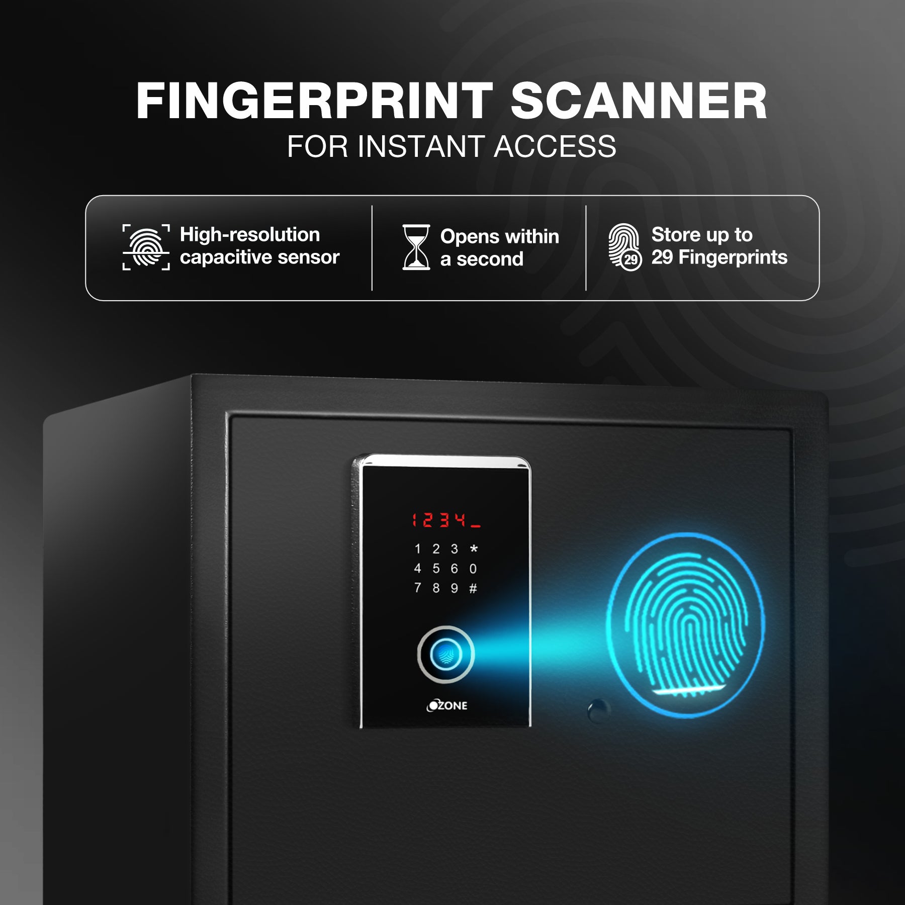 Ozone 40.8 Litres Fingerprint Safe Locker for Home & Office – Fingerprint Lock, 2-in-1 Unlocking (Fingerprint & Password), Size: 350H x 400W x 350D mm, Weight: 21.3kg, 2-Year Warranty