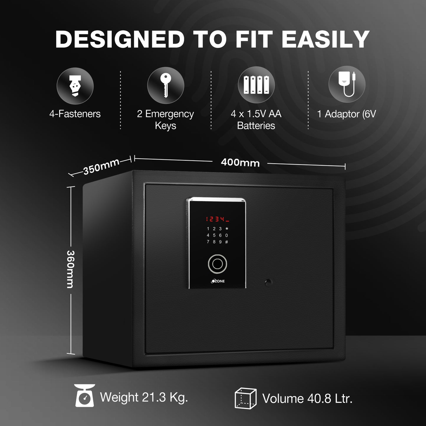 Ozone 40.8 Litres Fingerprint Safe Locker for Home & Office – Fingerprint Lock, 2-in-1 Unlocking (Fingerprint & Password), Size: 350H x 400W x 350D mm, Weight: 21.3kg, 2-Year Warranty