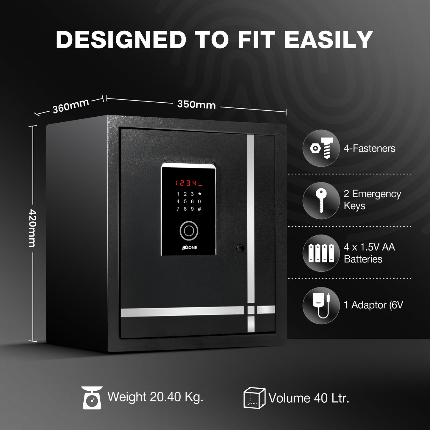 Ozone 40 Litres Fingerprint Safe Locker for Home & Office – Fingerprint Lock, 2-in-1 Unlocking (Fingerprint & Password), Size: 420H x 350W x 360D mm, Weight: 20.4kg, 2-Year Warranty
