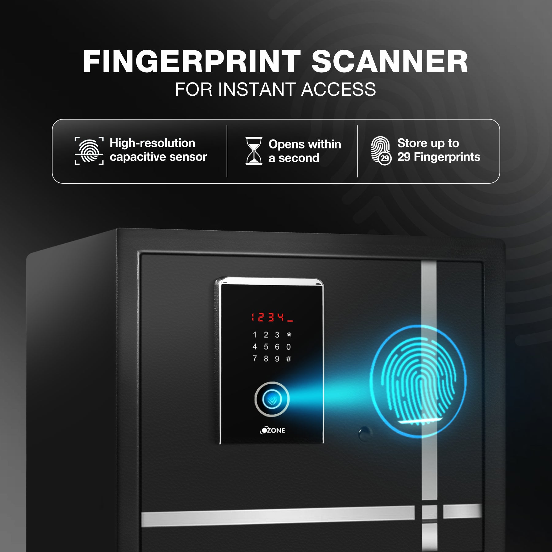 Ozone 40.8 Litres Fingerprint Safe Locker for Home & Office – Fingerprint Lock, 2-in-1 Unlocking (Fingerprint & Password), Size: 350H x 400W x 350D mm, Weight: 21.3kg, 2-Year Warranty