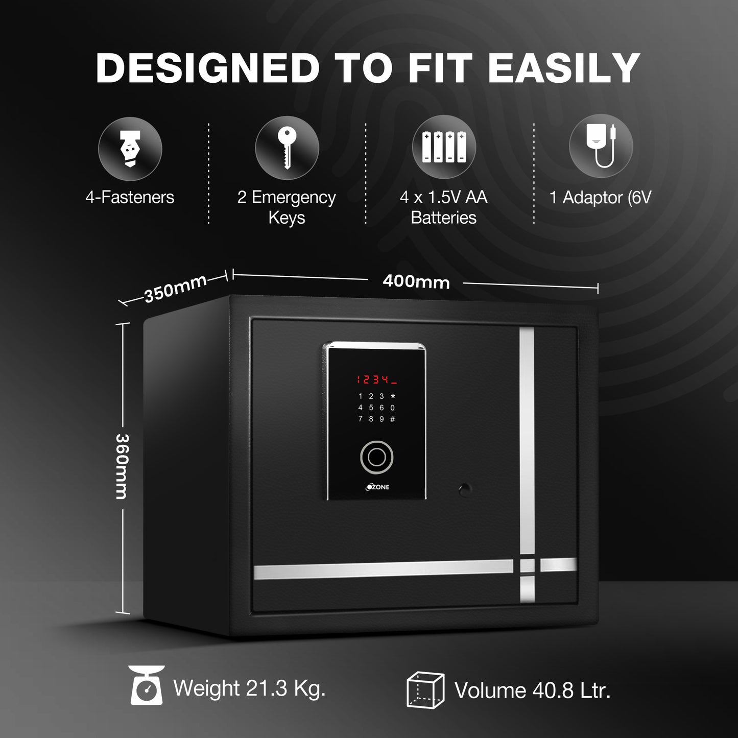 Ozone 40.8 Litres Fingerprint Safe Locker for Home & Office – Fingerprint Lock, 2-in-1 Unlocking (Fingerprint & Password), Size: 350H x 400W x 350D mm, Weight: 21.3kg, 2-Year Warranty