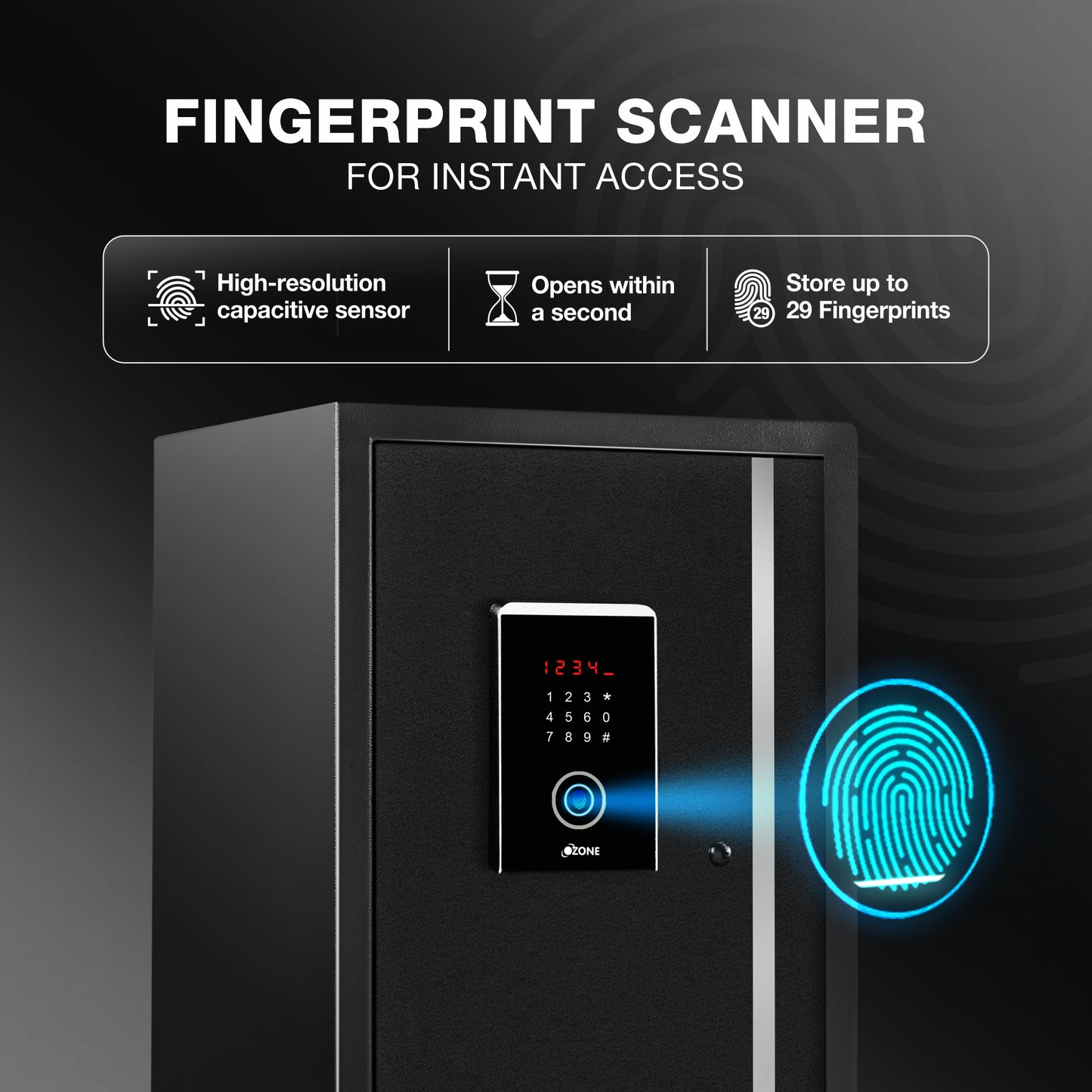 Ozone 55 Litres Fingerprint Safe Locker for Home & Office – Fingerprint Lock, 2-in-1 Unlocking (Fingerprint & Password), Size: 555H x 350W x 360D mm, Weight: 24.7kg, 2-Year Warranty