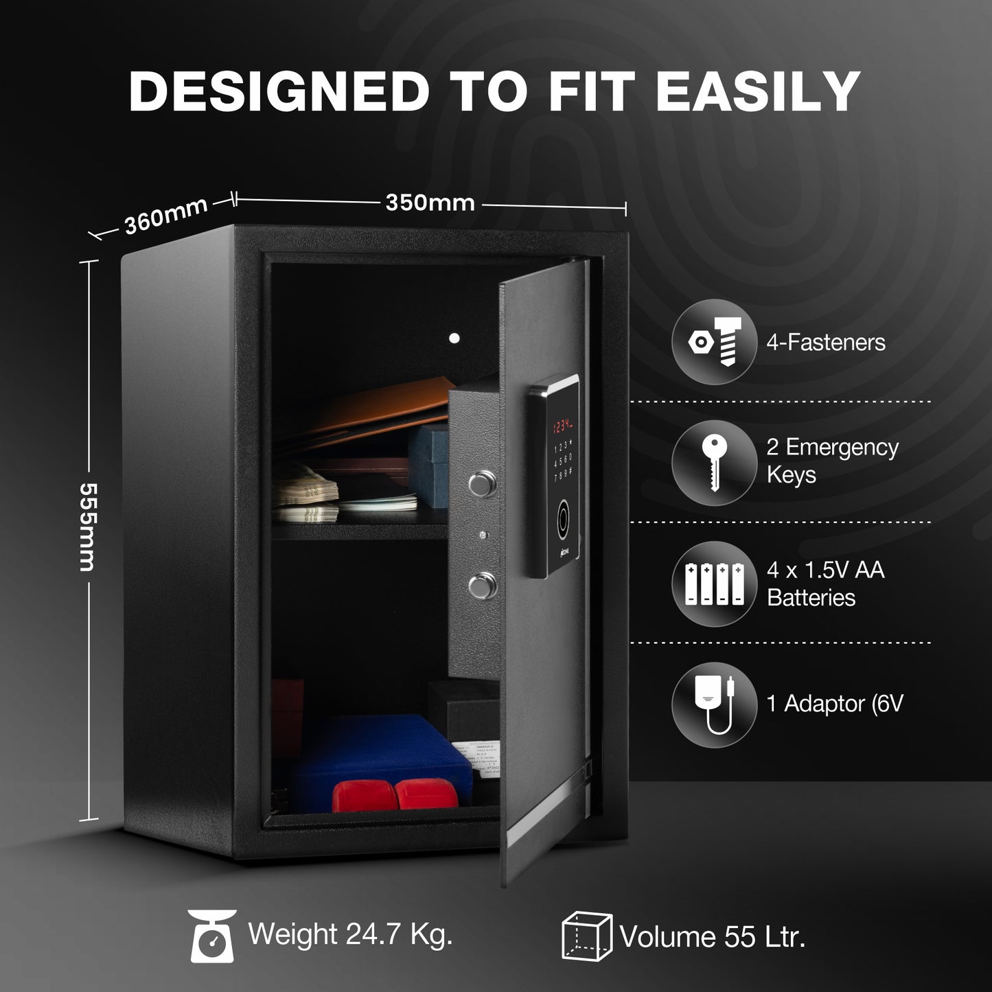 Ozone 55 Litres Fingerprint Safe Locker for Home & Office – Fingerprint Lock, 2-in-1 Unlocking (Fingerprint & Password), Size: 555H x 350W x 360D mm, Weight: 24.7kg, 2-Year Warranty