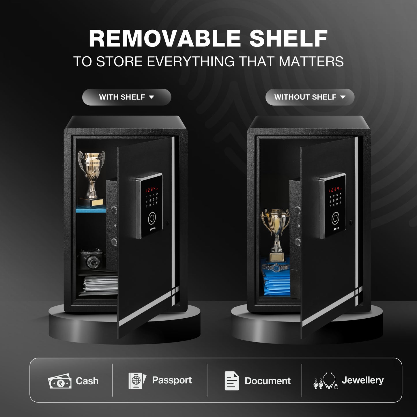 Ozone 55 Litres Fingerprint Safe Locker for Home & Office – Fingerprint Lock, 2-in-1 Unlocking (Fingerprint & Password), Size: 555H x 350W x 360D mm, Weight: 24.7kg, 2-Year Warranty