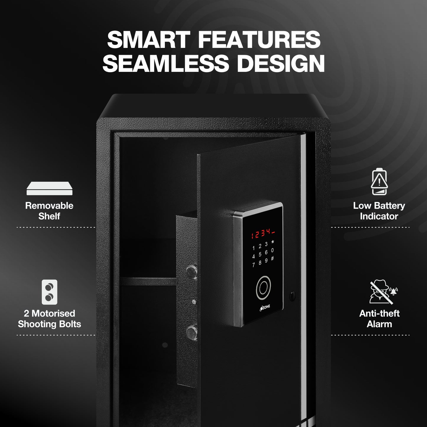 Ozone 55 Litres Fingerprint Safe Locker for Home & Office – Fingerprint Lock, 2-in-1 Unlocking (Fingerprint & Password), Size: 555H x 350W x 360D mm, Weight: 24.7kg, 2-Year Warranty