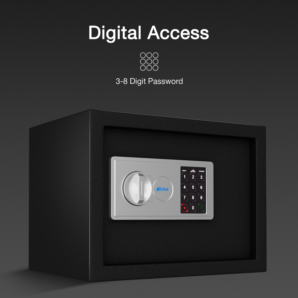 Ozone 16.11 Litres Digital Safe Locker for Home & Office – Digital Lock, 1-Way Unlocking (Password), Size: 250H x 350W x 250D mm, Weight: 9.5kg, 2-Year Warranty (Black) - Ozone Group