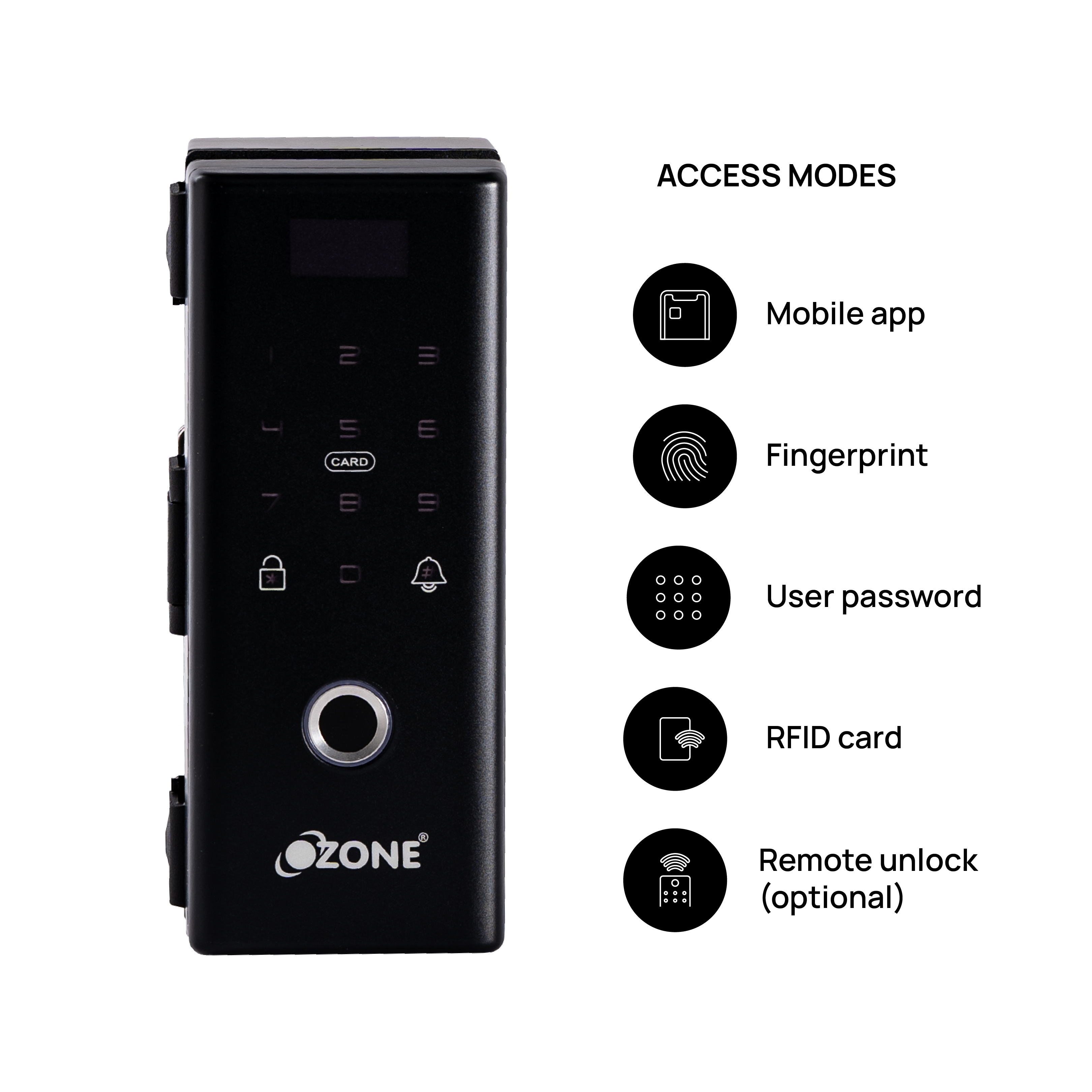 Ozone Wi-Fi Glass Door Lock with 3-way access | Door Thickness: 10-12 mm (Glass-to-Wall) - Ozone Group